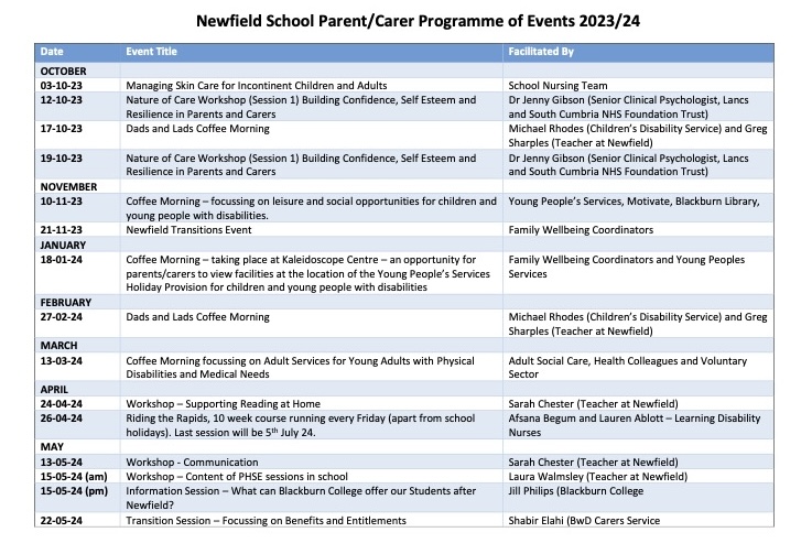 Newfield School Parent Events Programme Newfield School Parent Events Programme